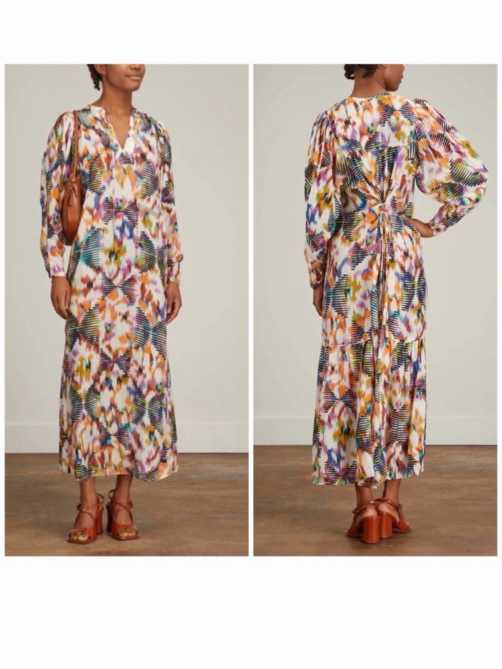Maria Cher Maxi Dress Tie Neck Corset Lace Back Long Sleeve Multicolor, Size L